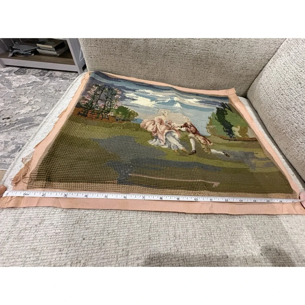 Vintage Hand Needlepoint Tapestry Romantic‎ Courting Couple Wall Panel Unframed